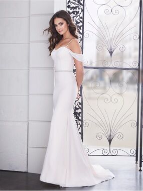 Paloma Blanca #4845 Ivory Draped Off-Shoulder Mermaid Wedding Gown Dress train